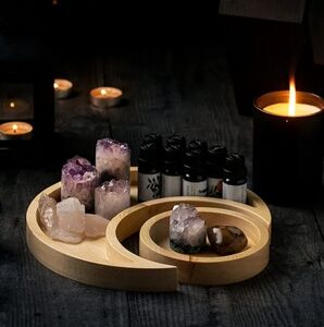 Crescent Moon Tray Set Sun Lunar Solar Eclipse Trays Natural Wood Crystal Dish